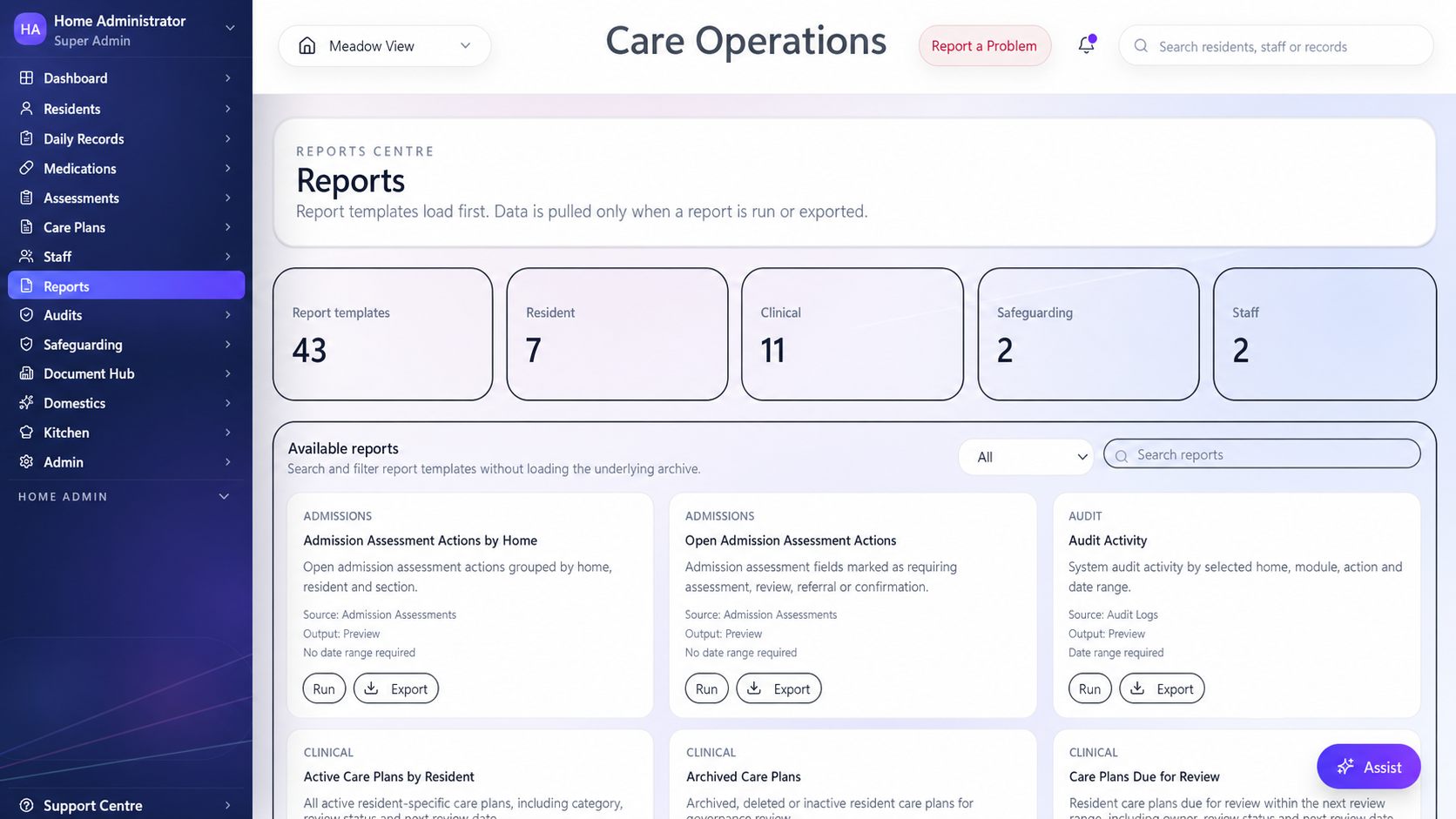 Detailed care operations software showing reports, admissions, audits, care plans and safeguarding