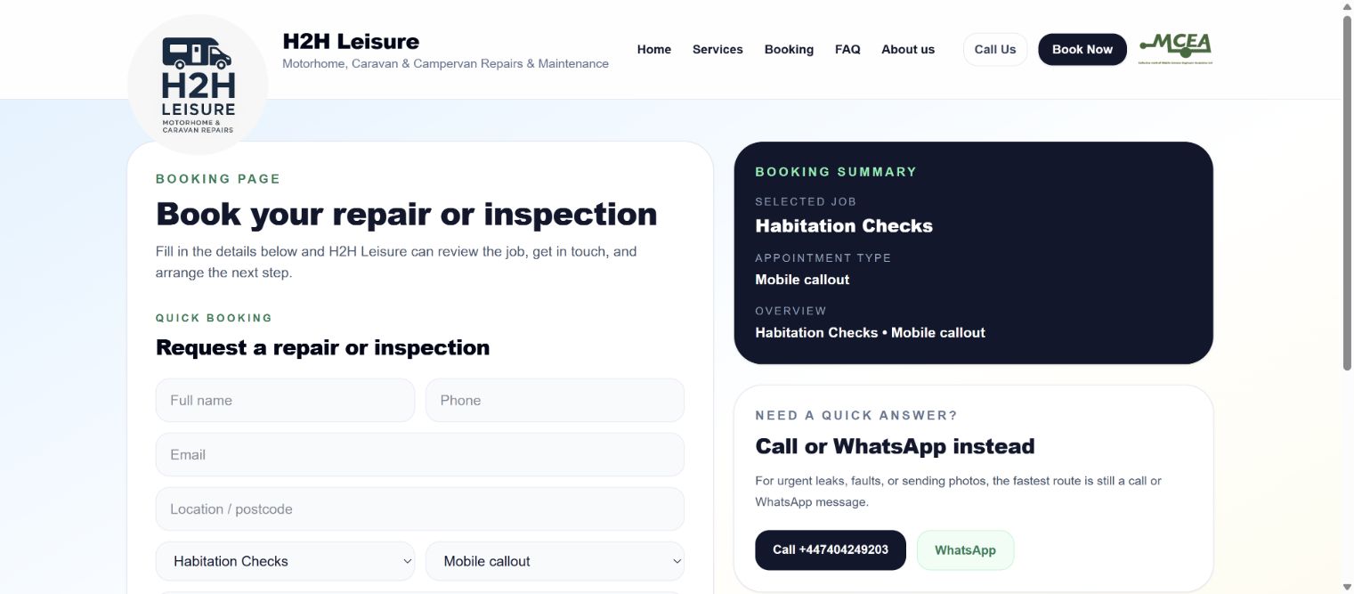 H2H Leisure booking page showing repair request form, booking summary and contact options